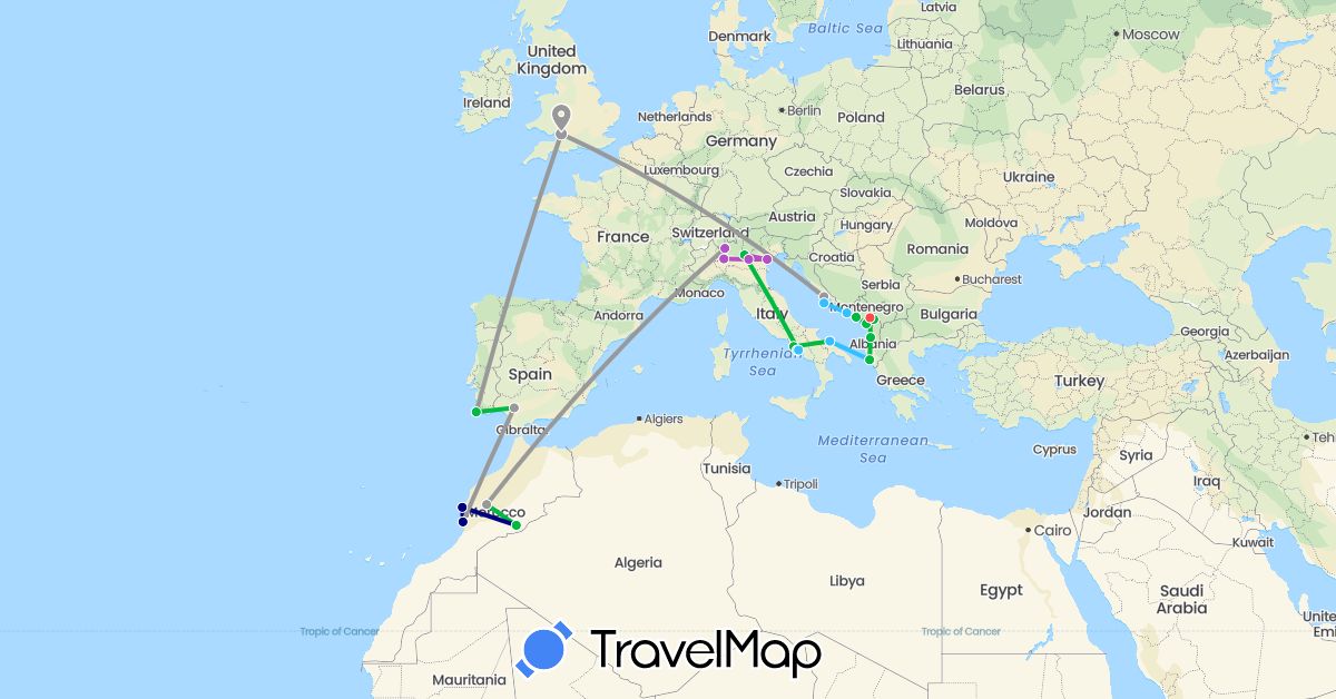 TravelMap itinerary: driving, bus, plane, train, hiking, boat in Albania, Spain, United Kingdom, Croatia, Italy, Morocco, Montenegro, Portugal (Africa, Europe)